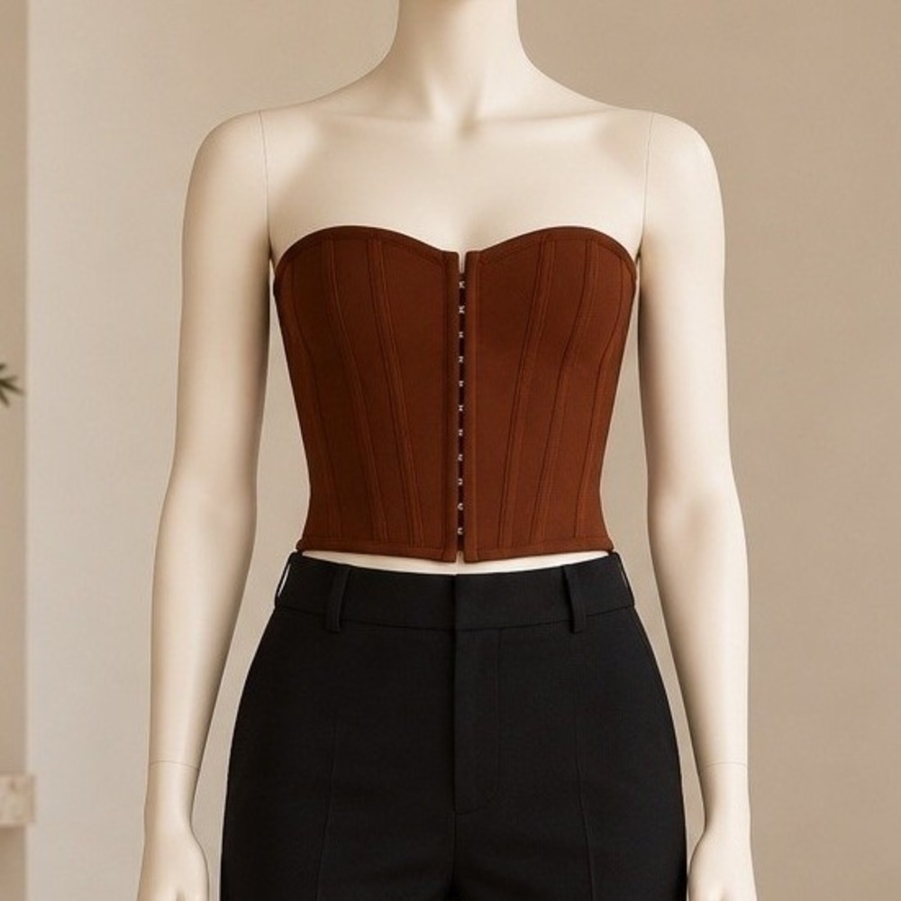 PrettyLittleThing Womens Corset Top Chocolate Bandage Hook And Eye Structured 4